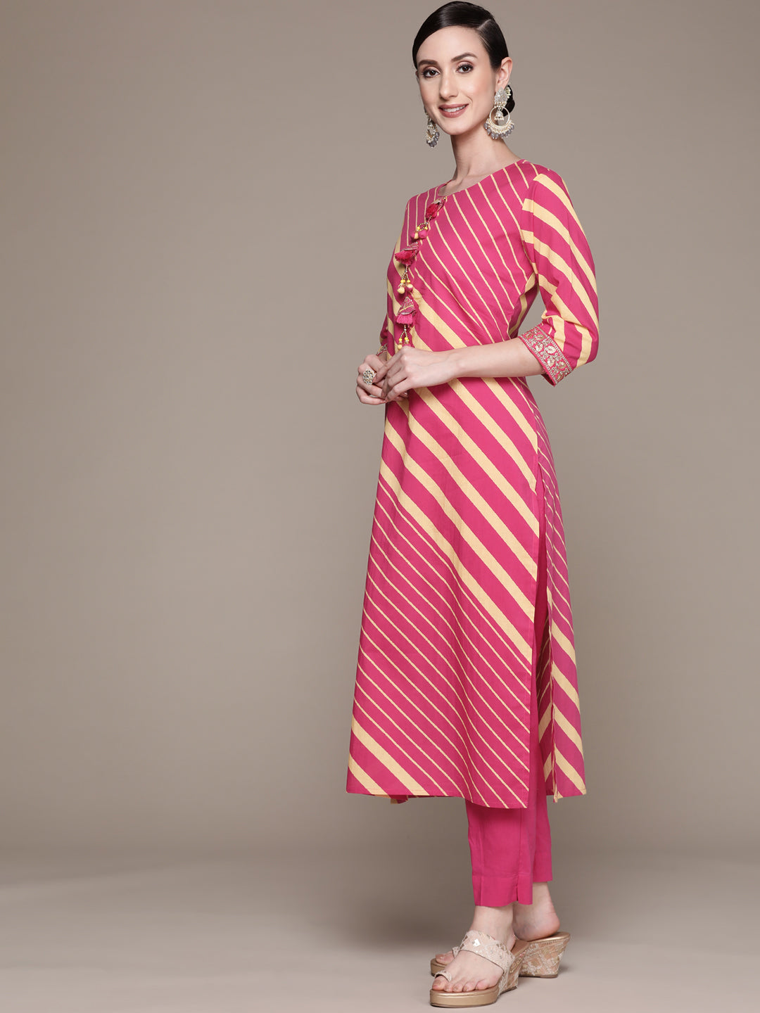 Ishin Women's Cotton Pink Embroidered A-Line Kurta with Trouser & Dupatta