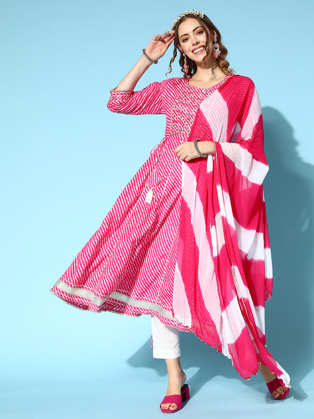 Ishin Women's Pink & White Embroidered Anarkali Kurta with Trouser & Dupatta