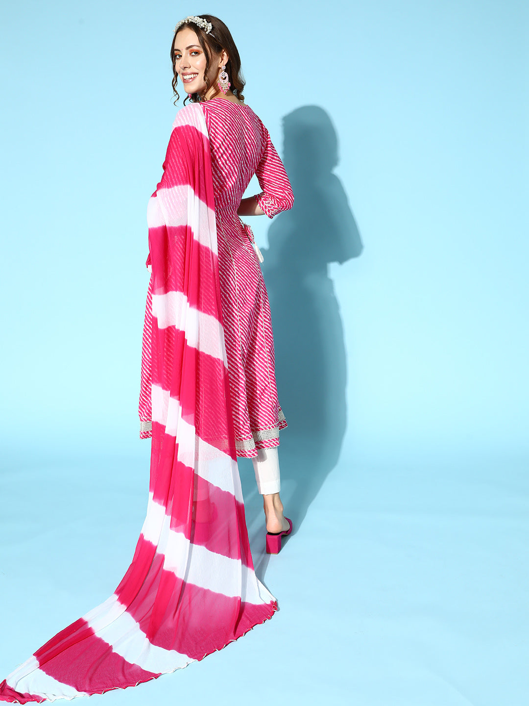 Ishin Women's Pink & White Embroidered Anarkali Kurta with Trouser & Dupatta