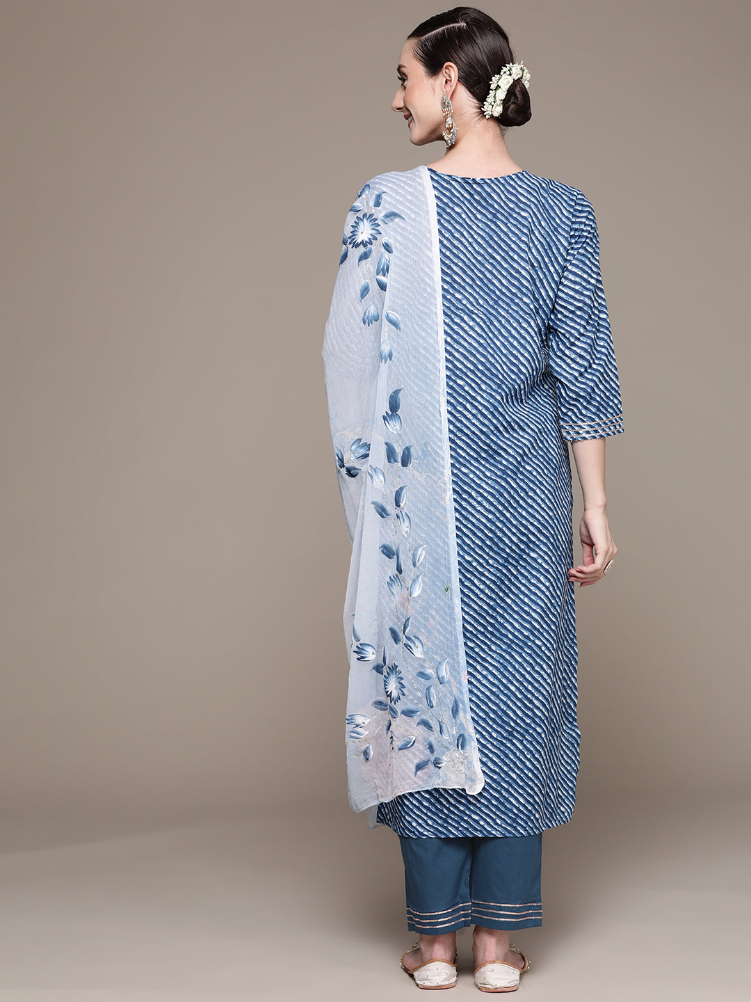 Ishin Women's Cotton Blue Embroidered A-Line Kurta with Trouser & Dupatta