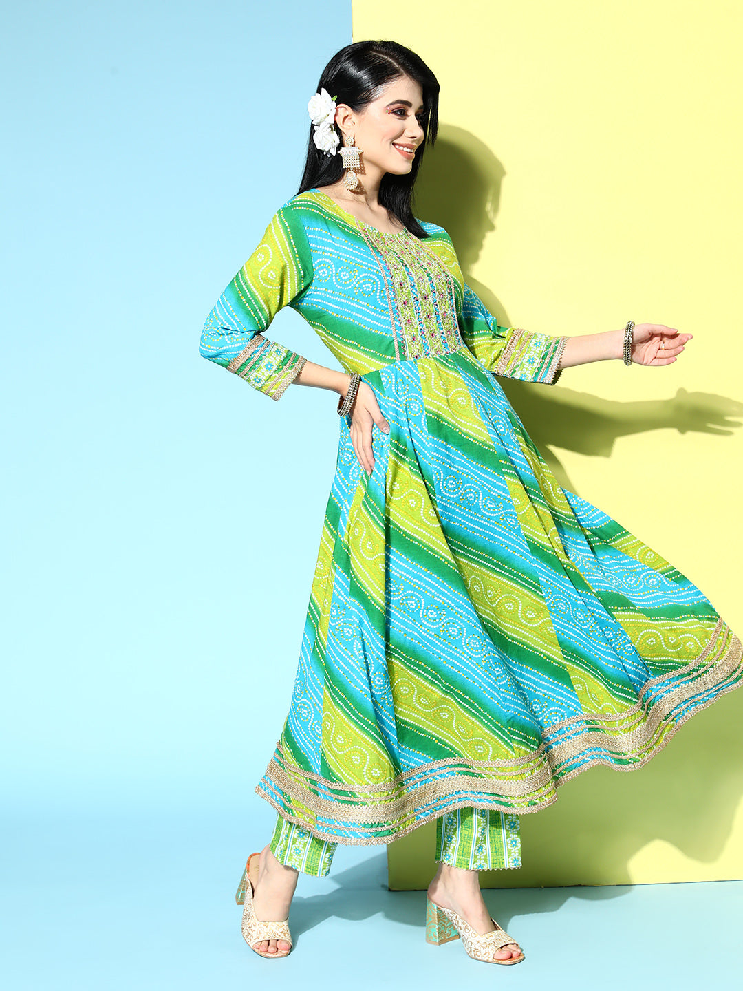 Ishin Women's Cotton Green & Blue Embroidered Anarkali Kurta with Trouser & Dupatta