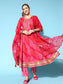Ishin Women's Cotton Pink Embroidered Anarkali Kurta with Trouser & Dupatta