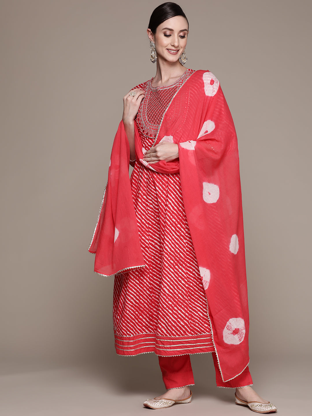 Ishin Women's Red Embroidered Anarkali Kurta with Trouser & Dupatta