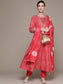 Ishin Women's Red Embroidered Anarkali Kurta with Trouser & Dupatta