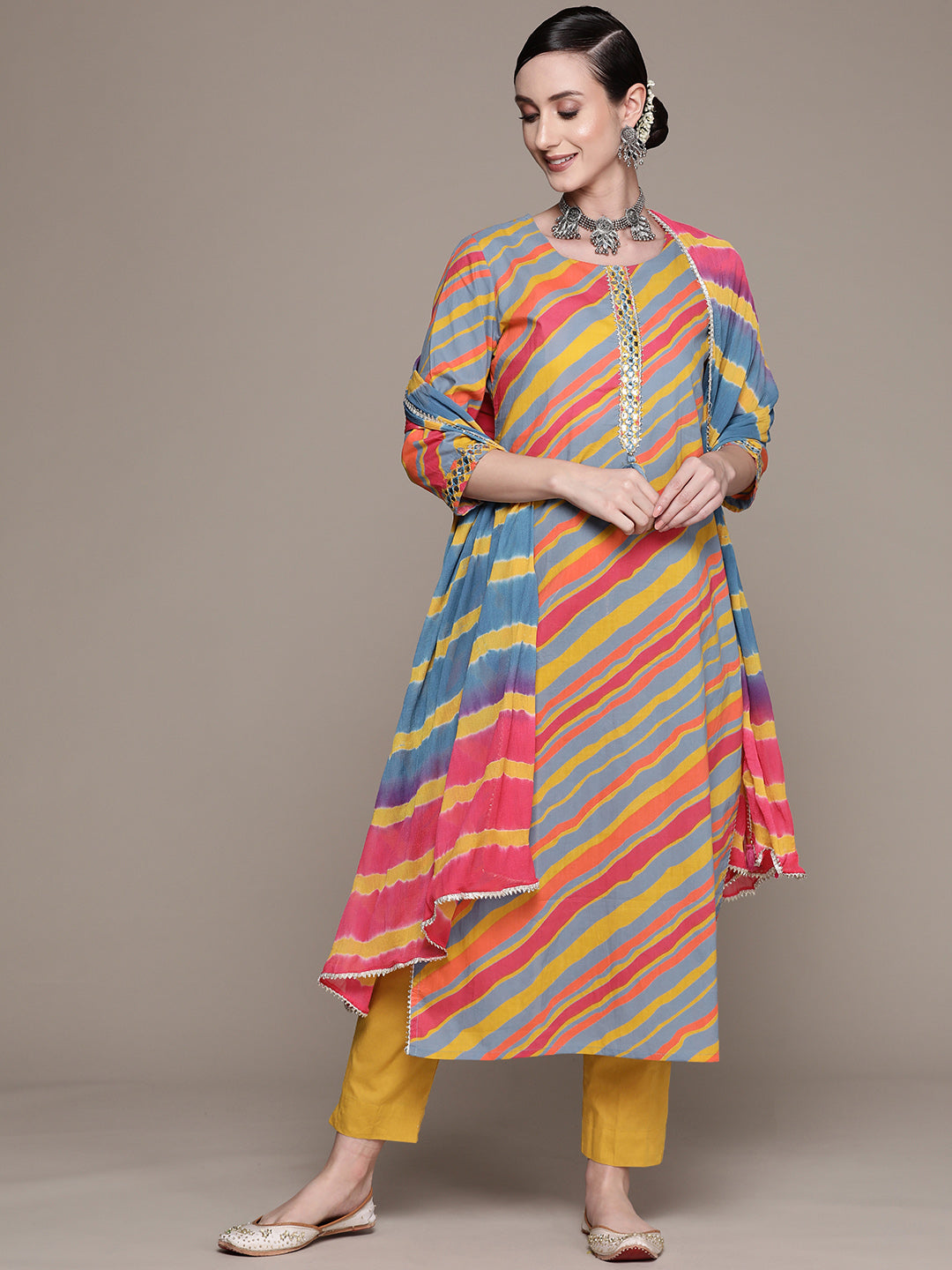 Ishin Women's Cotton Multicolor Yoke Design A-Line Kurta With Trouser & Dupatta