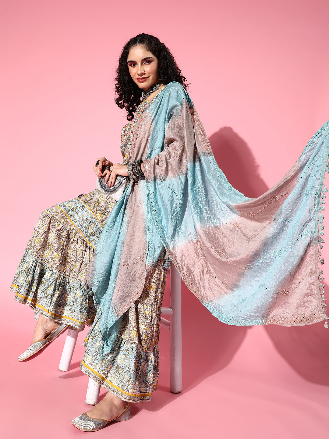 Ishin Women's Cotton Multicolor Embroidered A-Line Kurta with Sharara & Dupatta