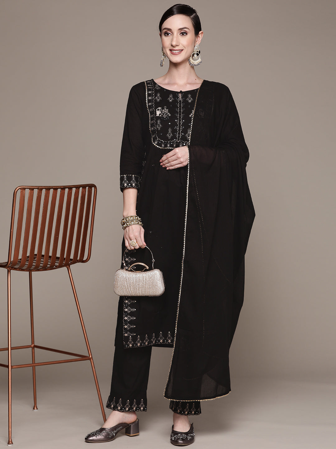 Ishin Women's Cotton Black Embroidered A-Line Kurta with Trouser & Dupatta