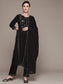 Ishin Women's Cotton Black Embroidered A-Line Kurta with Trouser & Dupatta
