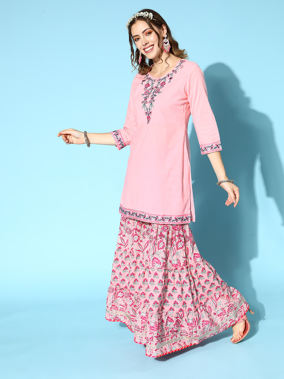 Ishin Women's Cotton Pink Embroidered A-Line Kurta with Sharara & Dupatta