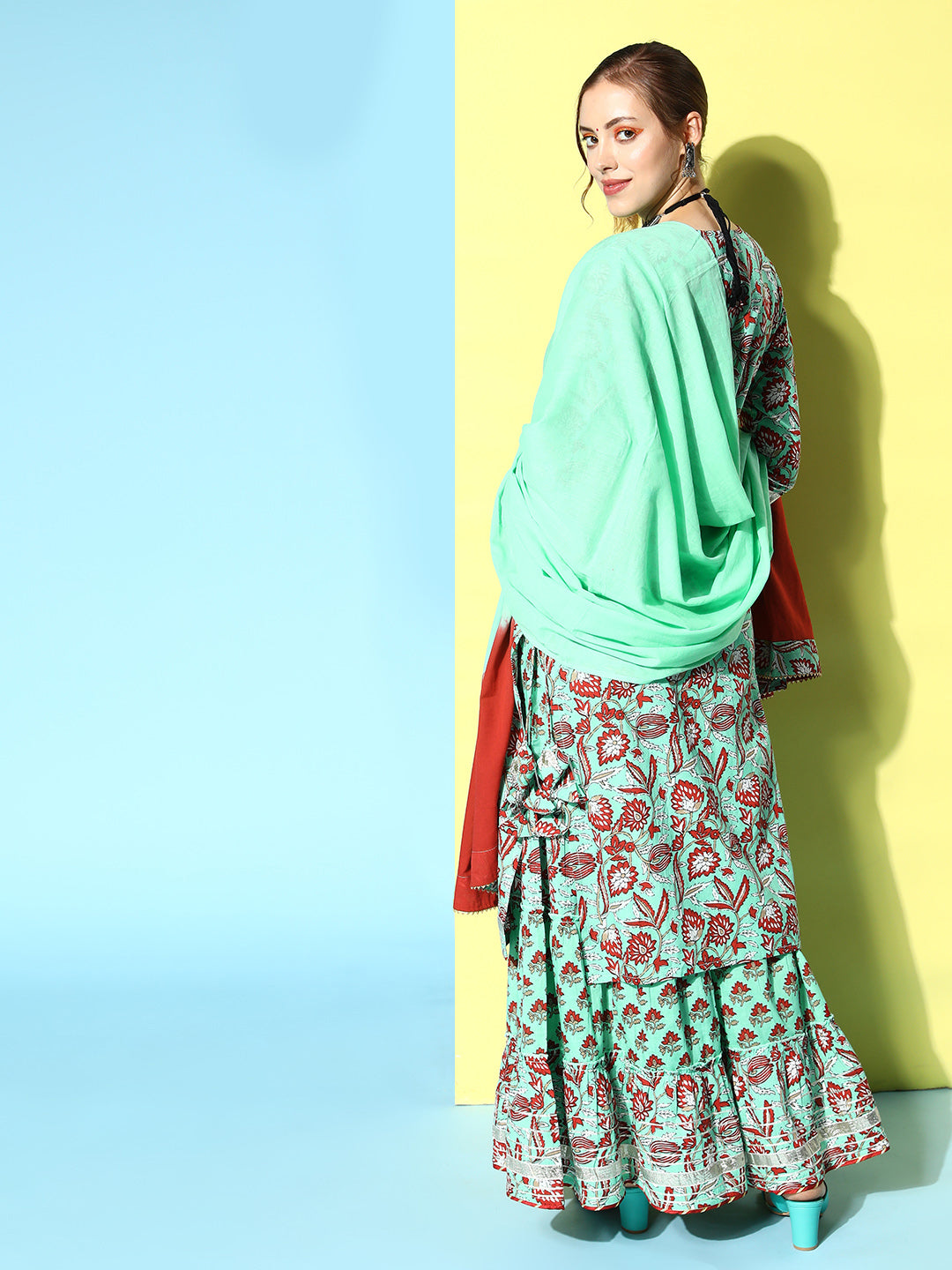 Ishin Women's Cotton Sea Green Embroidered A-Line Kurta with Sharara & Dupatta