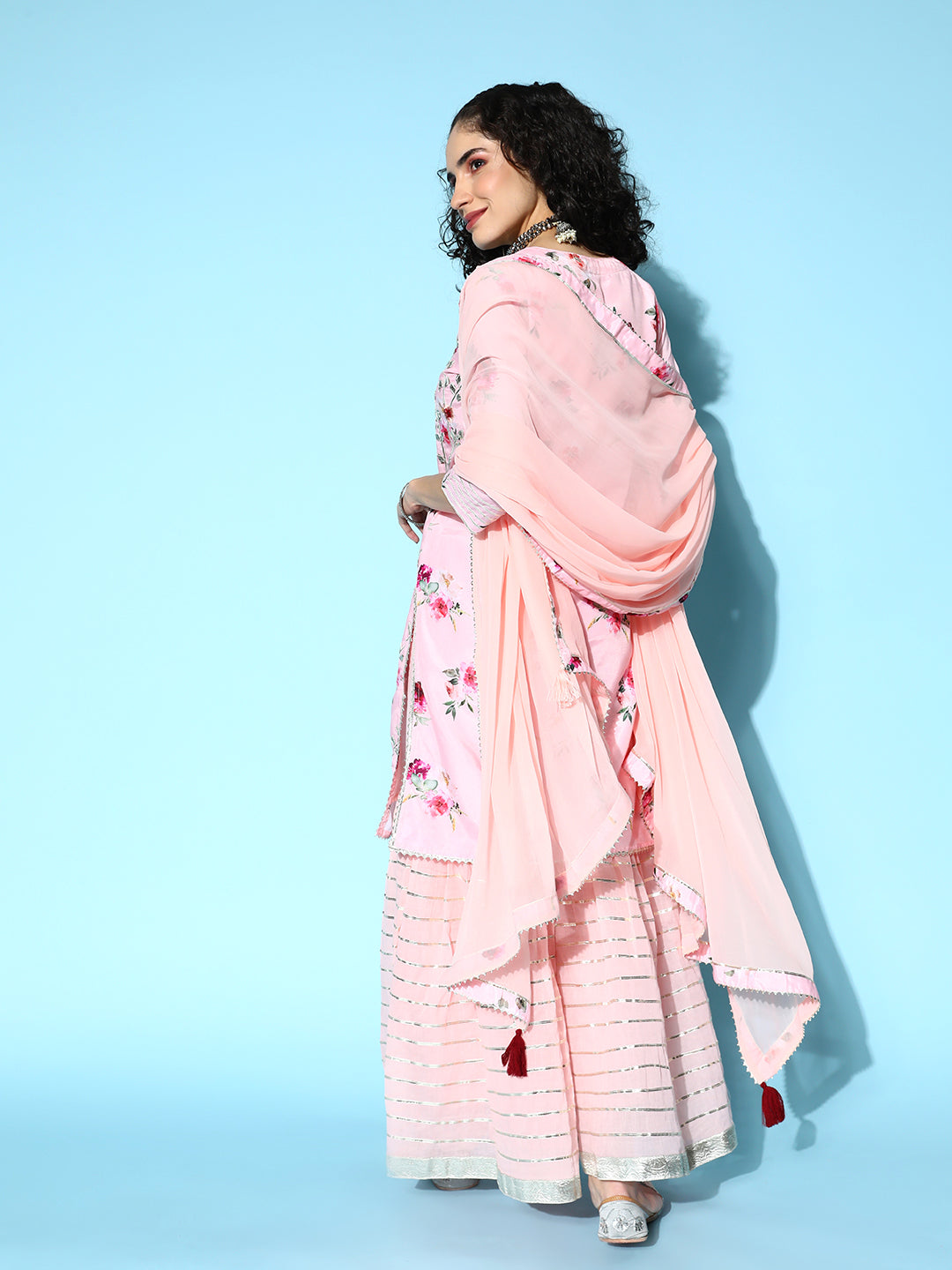 Ishin Women's Silk Blend Pink Embroidered A-Line Kurta with Sharara & Dupatta