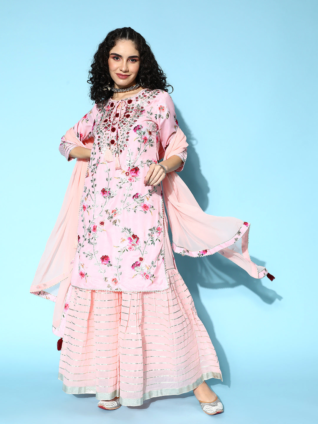 Ishin Women's Silk Blend Pink Embroidered A-Line Kurta with Sharara & Dupatta