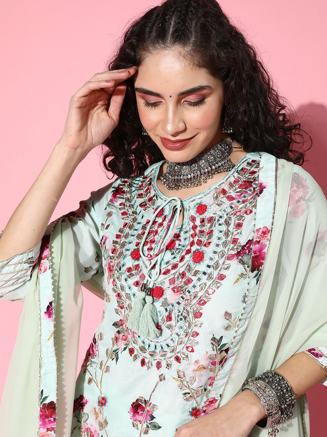 Ishin Women's Silk Blend Green Embroidered A-Line Kurta with Sharara & Dupatta