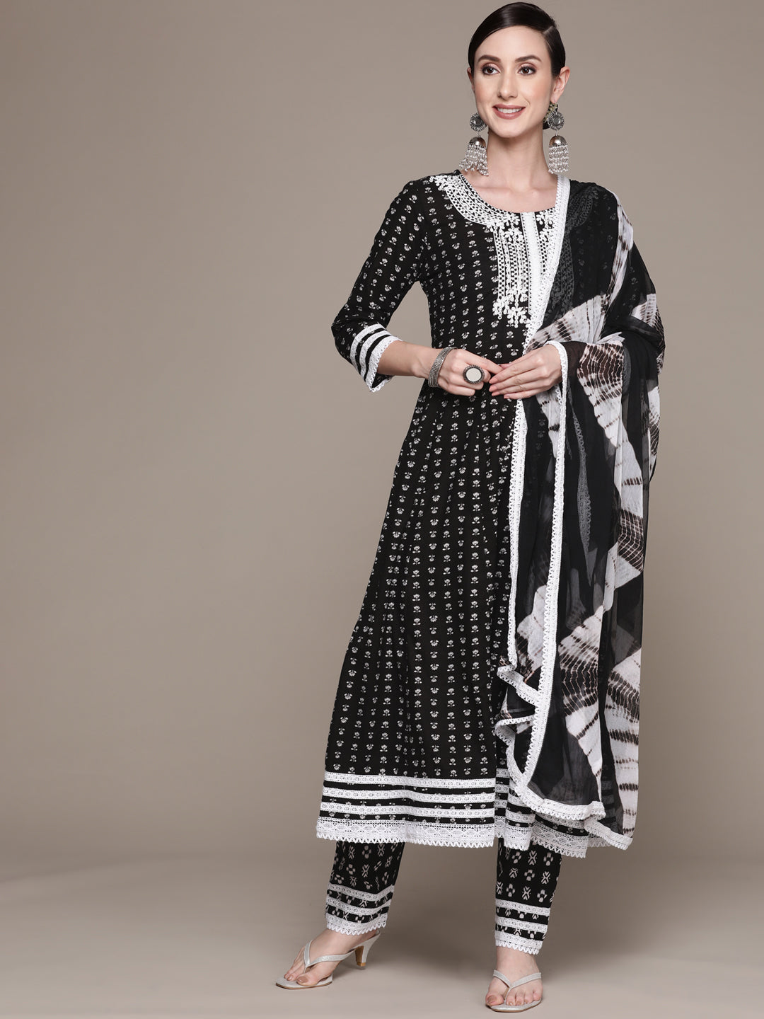Ishin Women's Black & White Embroidered Anarkali Kurta with Trouser & Dupatta