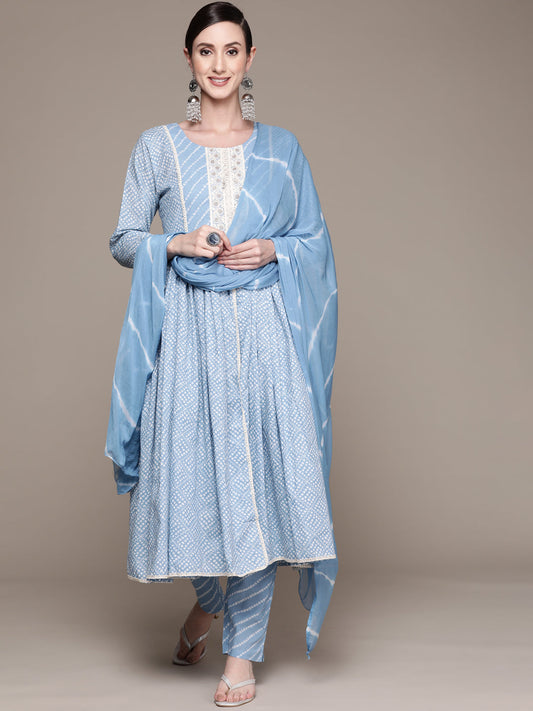Ishin Women's Blue Embroidered Anarkali Kurta with Trouser & Dupatta
