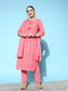 Ishin Women's Cotton Coral Pink Schiffli Embroidered A-Line Kurta Trouser Dupatta Set