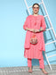 Ishin Women's Cotton Coral Pink Schiffli Embroidered A-Line Kurta Trouser Dupatta Set
