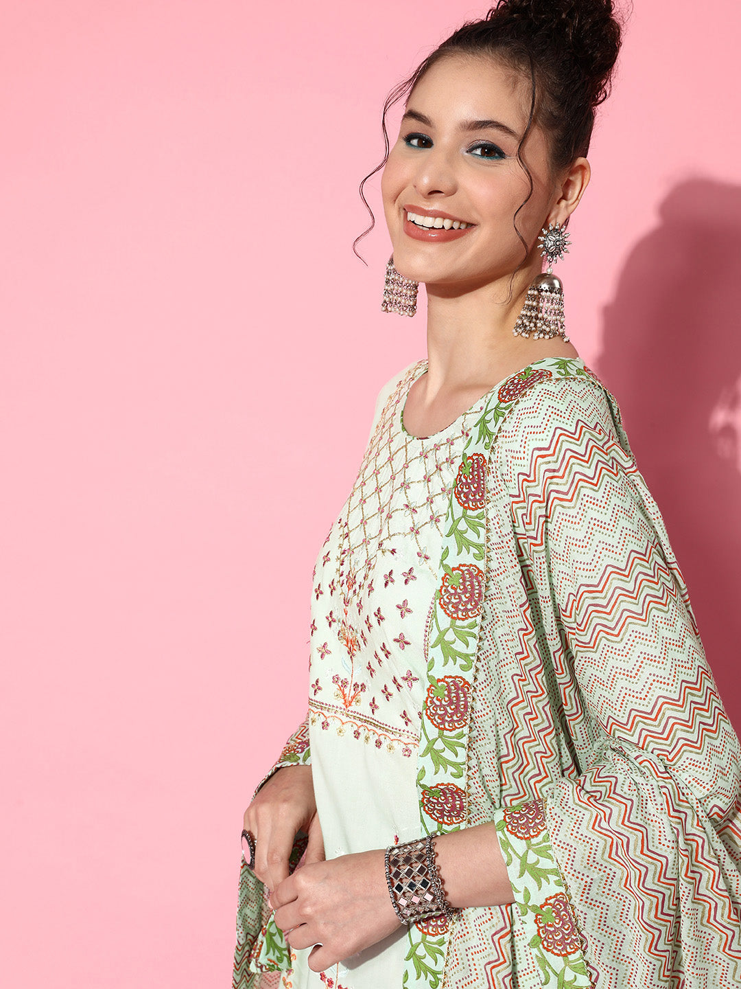 Ishin Women's Rayon Sea Green Embroidered A-Line Kurta With Sharara & Dupatta