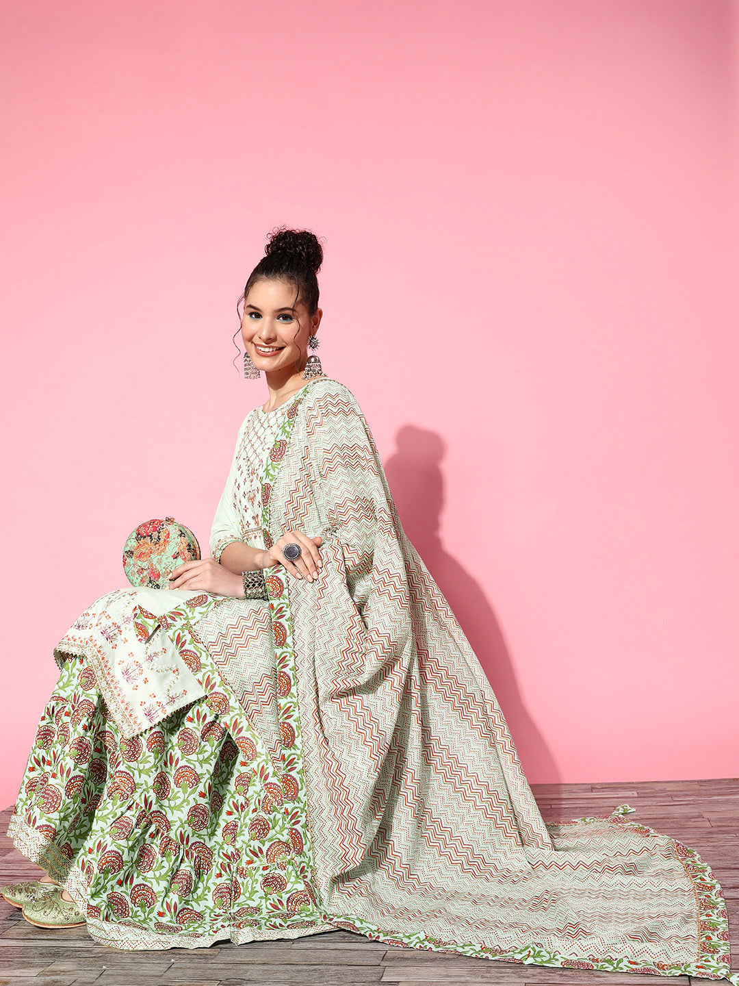 Ishin Women's Rayon Sea Green Embroidered A-Line Kurta With Sharara & Dupatta