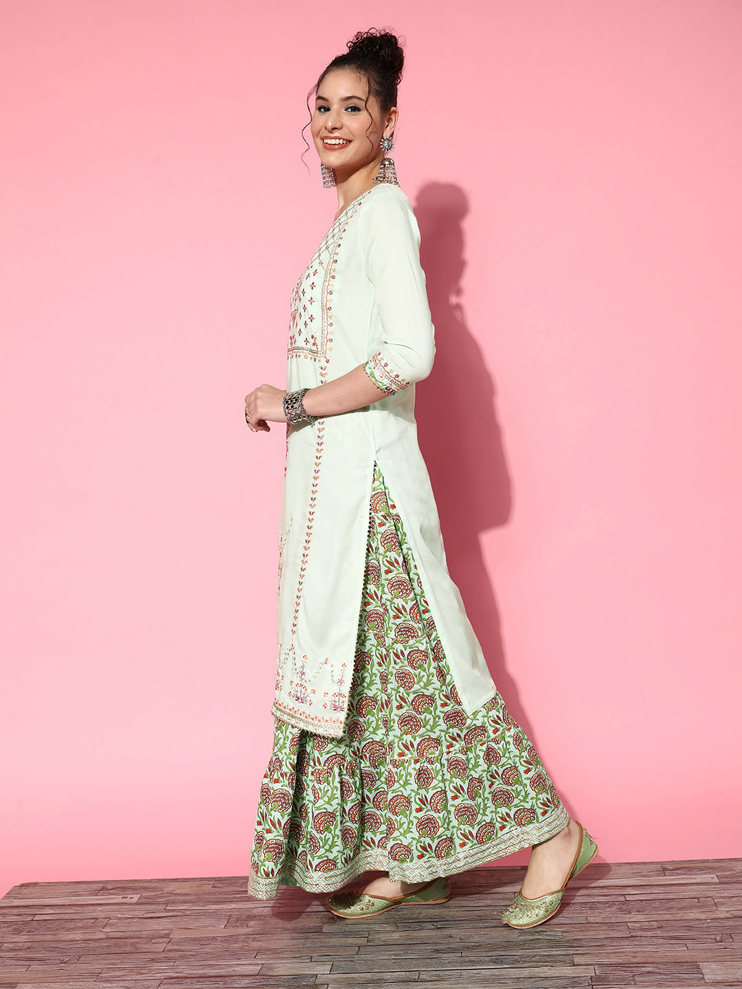 Ishin Women's Rayon Sea Green Embroidered A-Line Kurta With Sharara & Dupatta