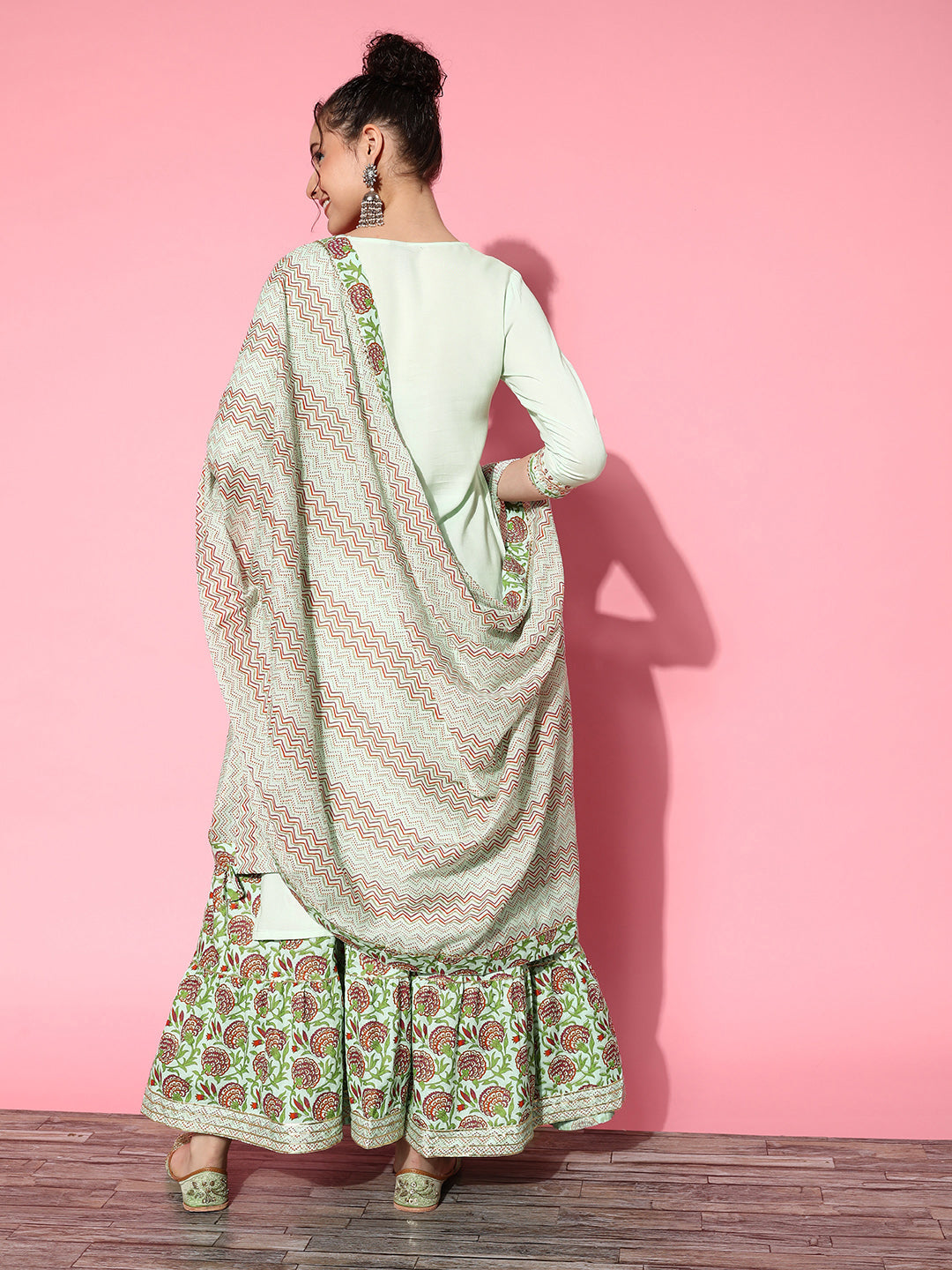 Ishin Women's Rayon Sea Green Embroidered A-Line Kurta With Sharara & Dupatta