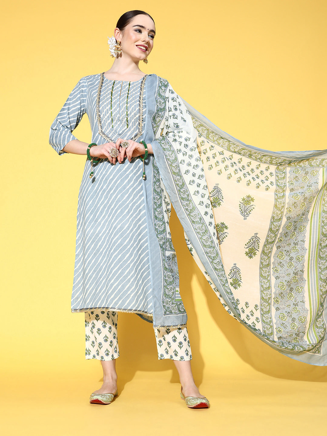 Ishin Women's Blue & White Leheriya Printed A-Line Kurta Trouser Dupatta Set