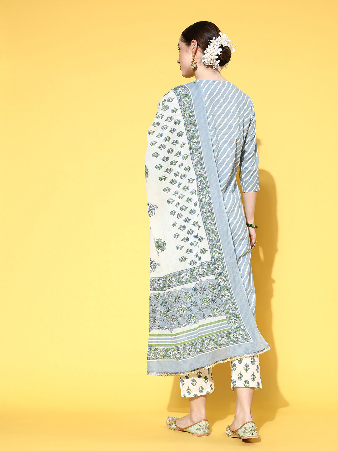 Ishin Women's Blue & White Leheriya Printed A-Line Kurta Trouser Dupatta Set