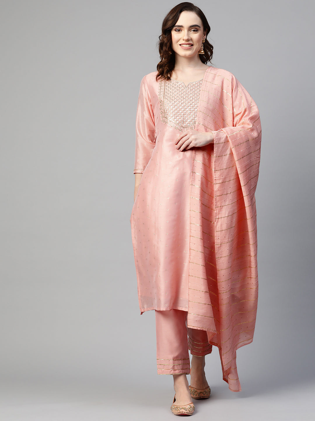Sunehri Women's Chanderi Silk Peach Embroidered A-Line Kurta Trouser Dupatta Set