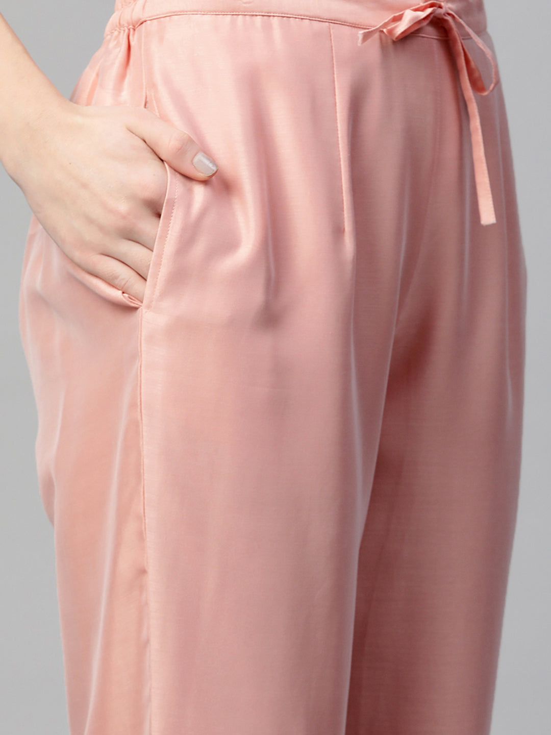 Sunehri Women's Chanderi Silk Peach Embroidered A-Line Kurta Trouser Dupatta Set