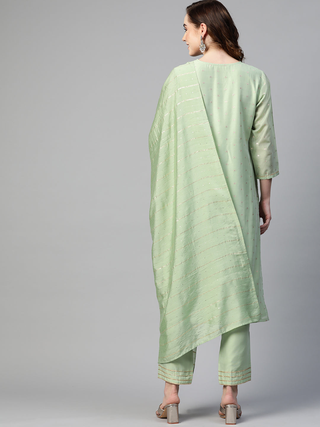 Sunehri Women's Chanderi Silk Green Embroidered A-Line Kurta Trouser Dupatta Set