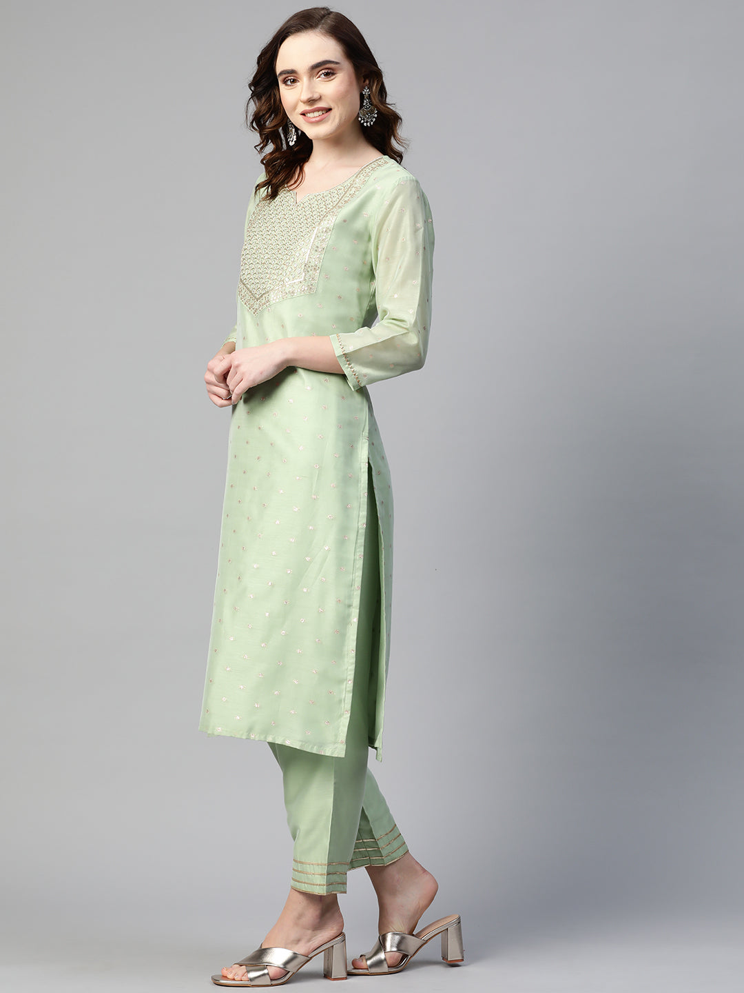 Sunehri Women's Chanderi Silk Green Embroidered A-Line Kurta Trouser Dupatta Set