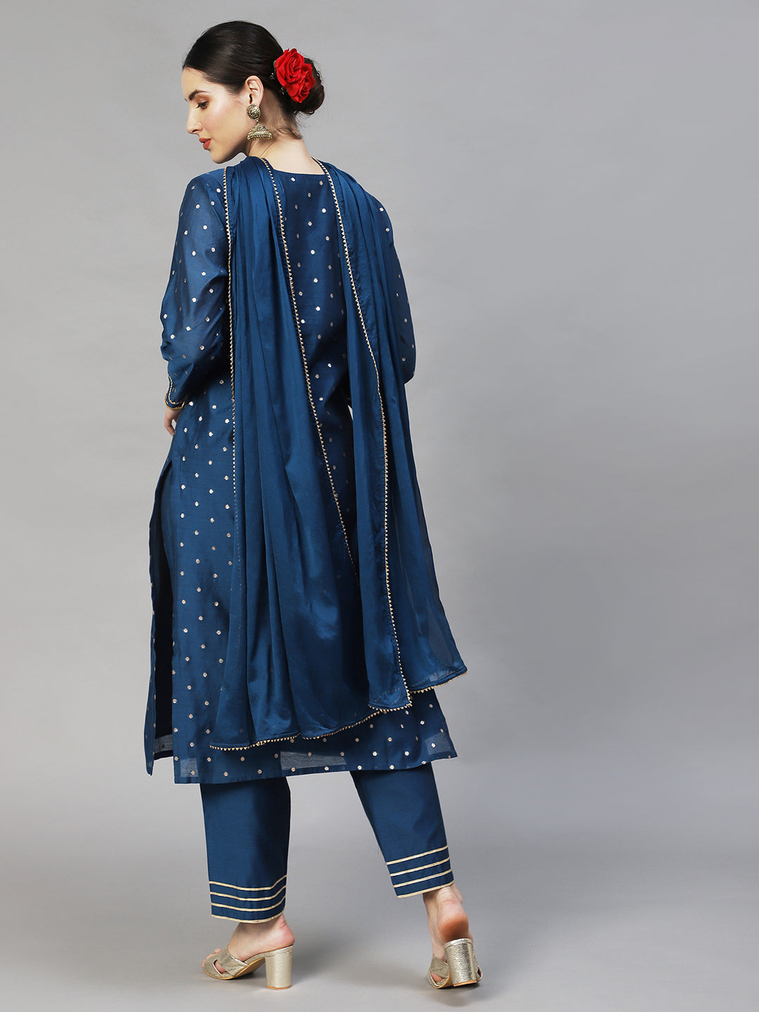 Ishin Women's Blue Yoke Design A-Line Kurta with Trouser & Dupatta