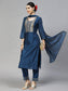 Ishin Women's Blue Yoke Design A-Line Kurta with Trouser & Dupatta