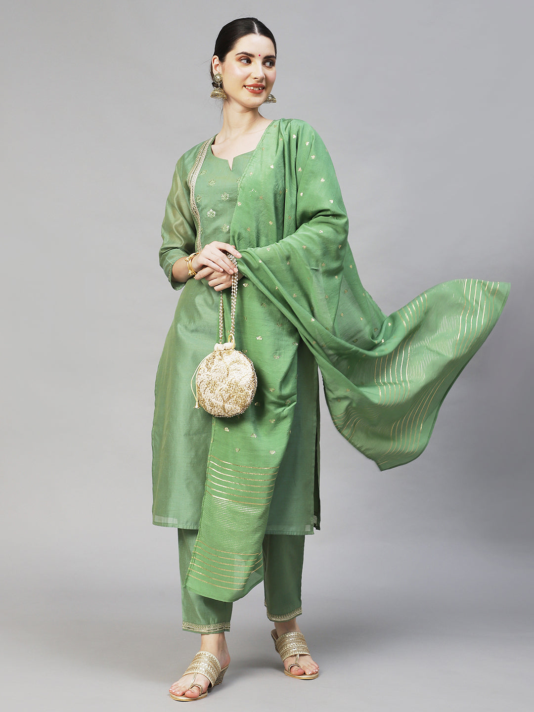 Ishin Women's Green Yoke Design Straight Kurta with Trouser & Dupatta
