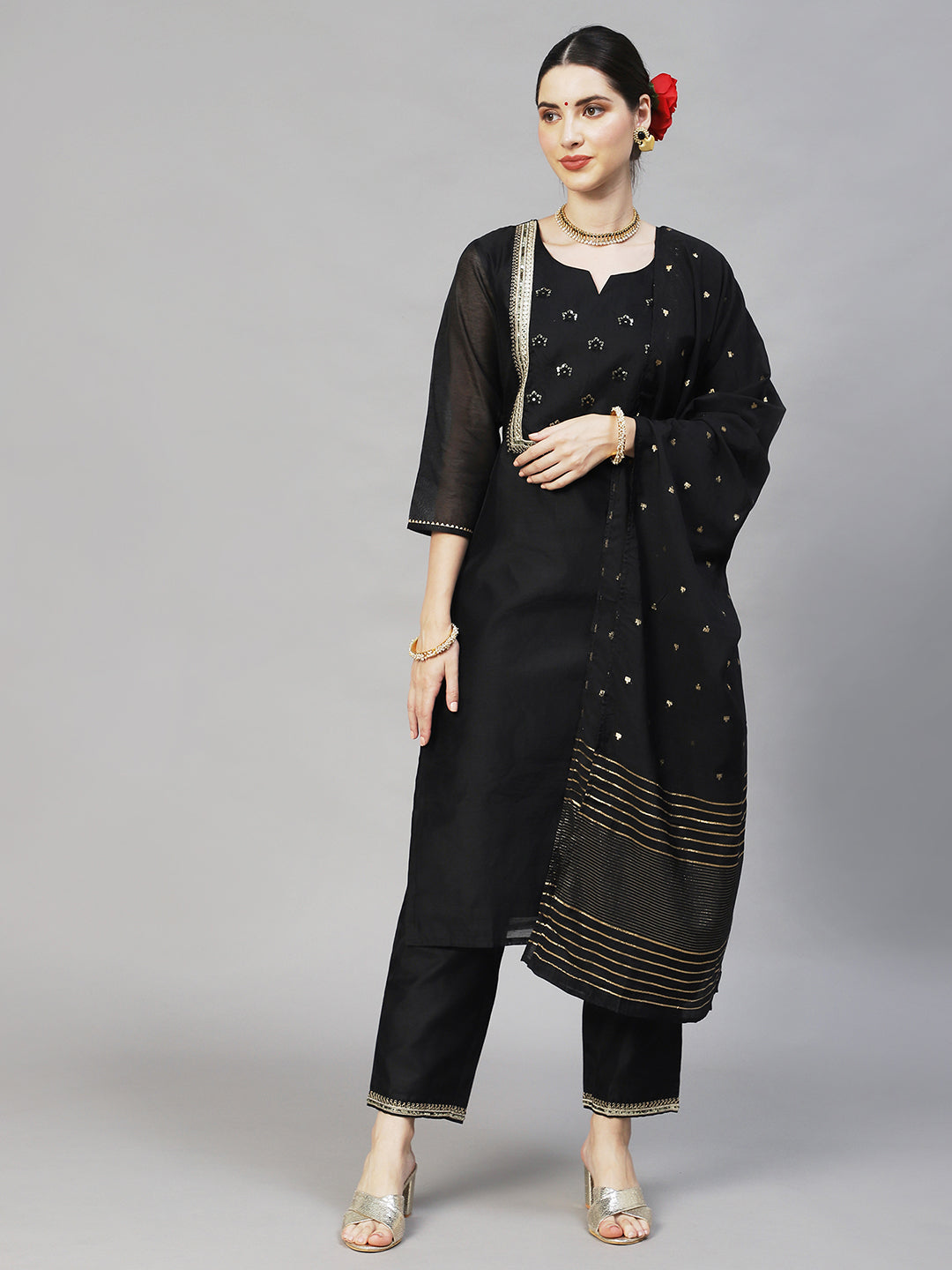 Ishin Women's Black Embroidered Straight Kurta Trouser Dupatta Set