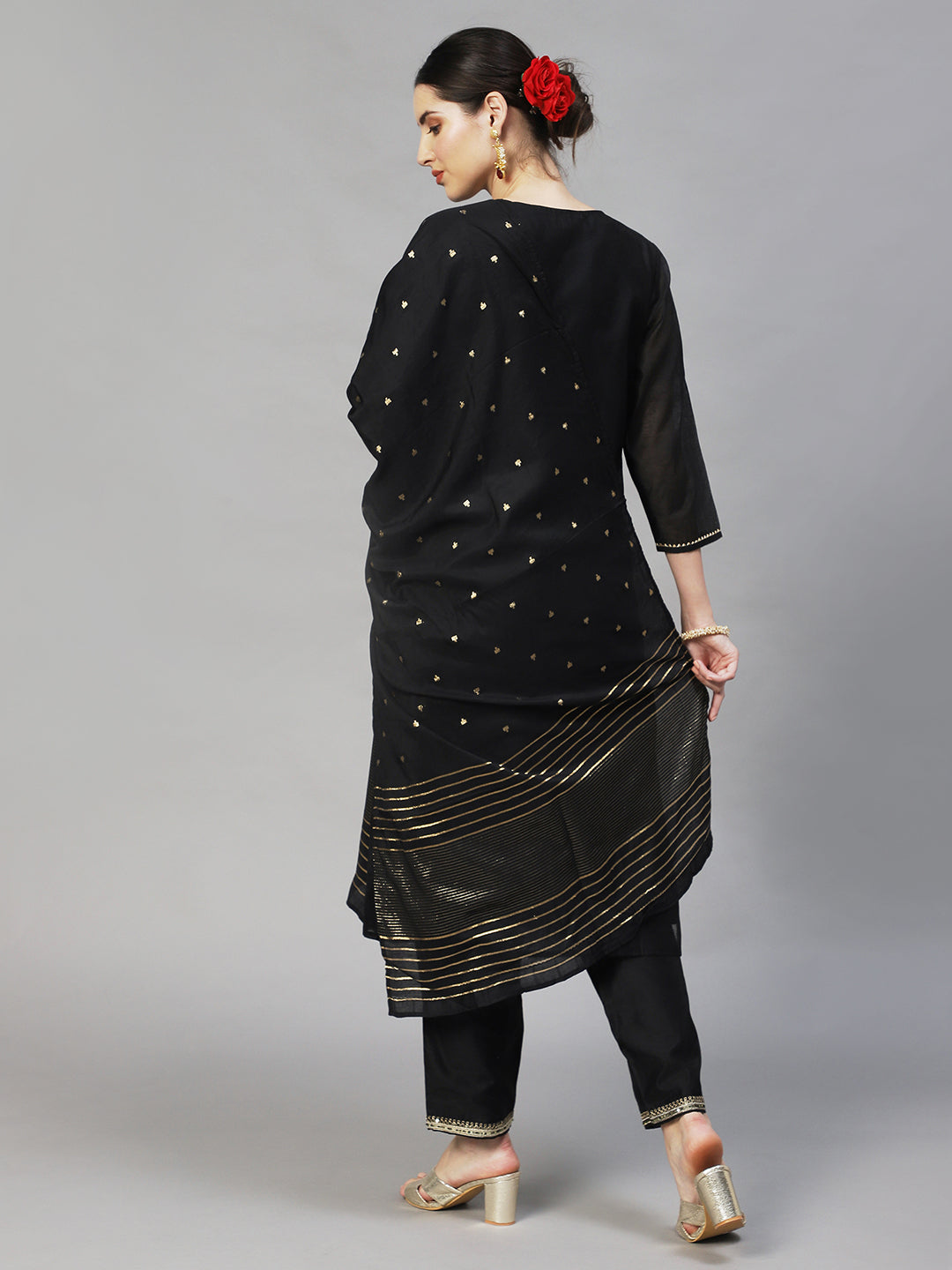 Ishin Women's Black Embroidered Straight Kurta Trouser Dupatta Set