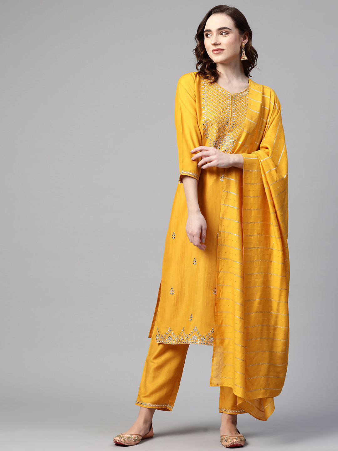 Sunehri Women's Silk Blend Mustard Embroidered A-Line Kurta Trouser Dupatta Set
