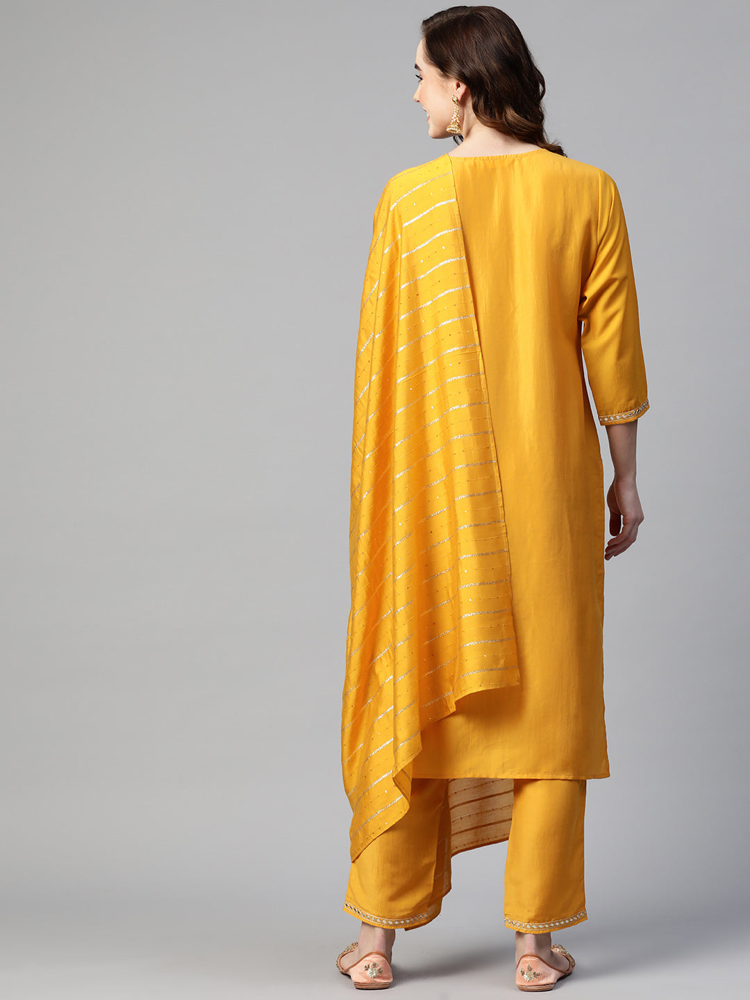 Sunehri Women's Silk Blend Mustard Embroidered A-Line Kurta Trouser Dupatta Set
