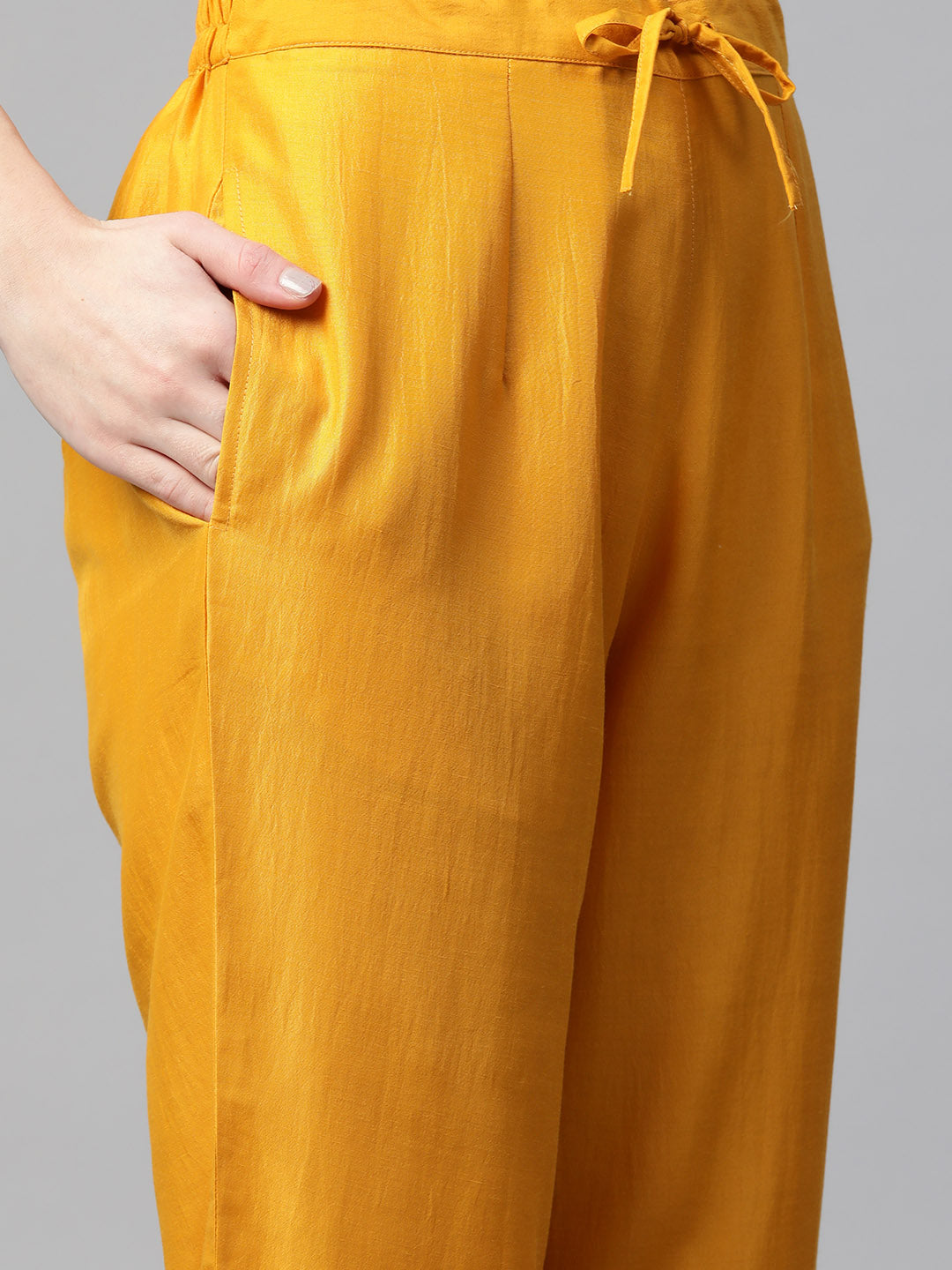 Sunehri Women's Silk Blend Mustard Embroidered A-Line Kurta Trouser Dupatta Set
