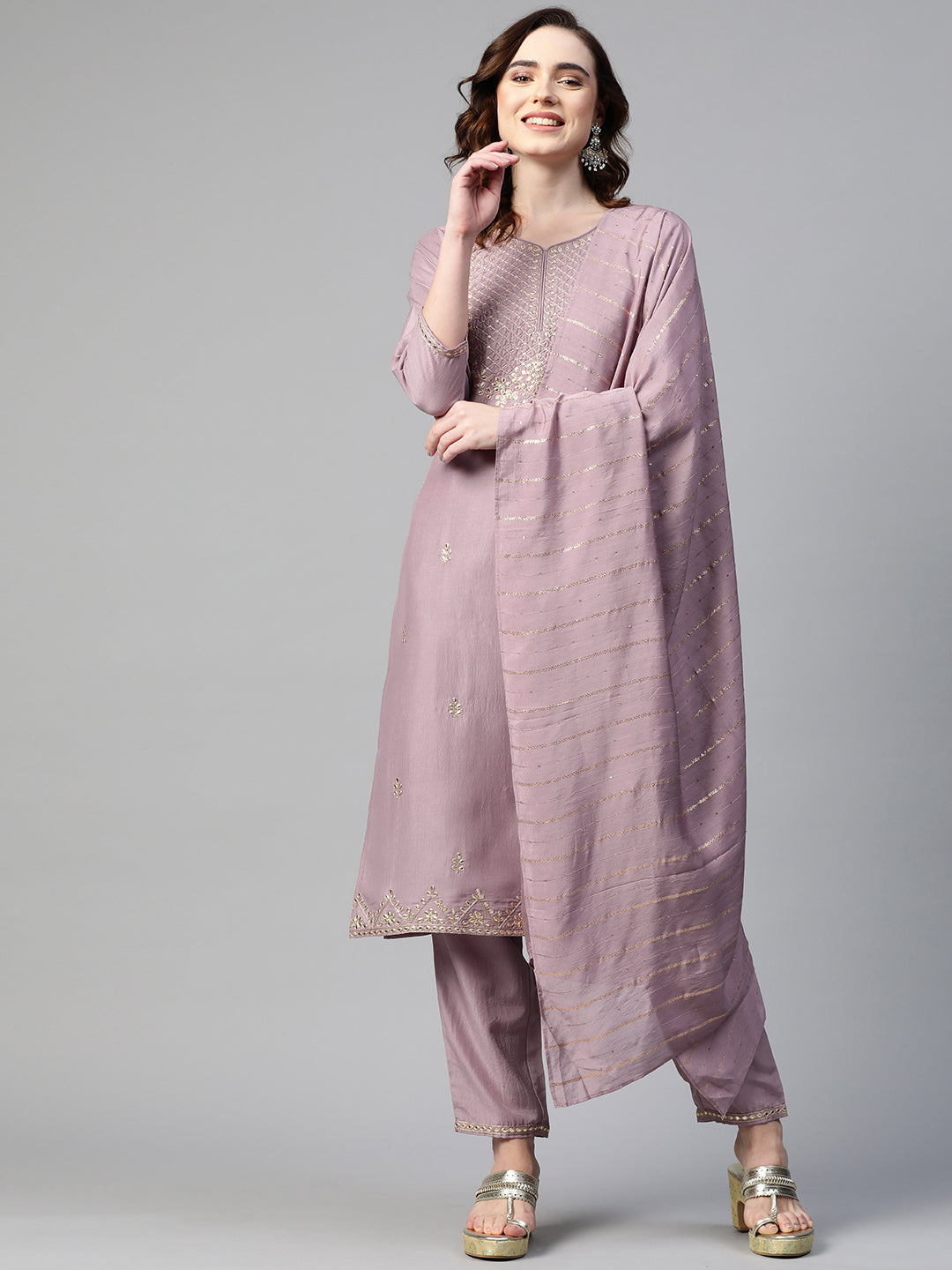 Sunehri Women's Silk Blend Purple Embroidered A-Line Kurta Trouser Dupatta Set
