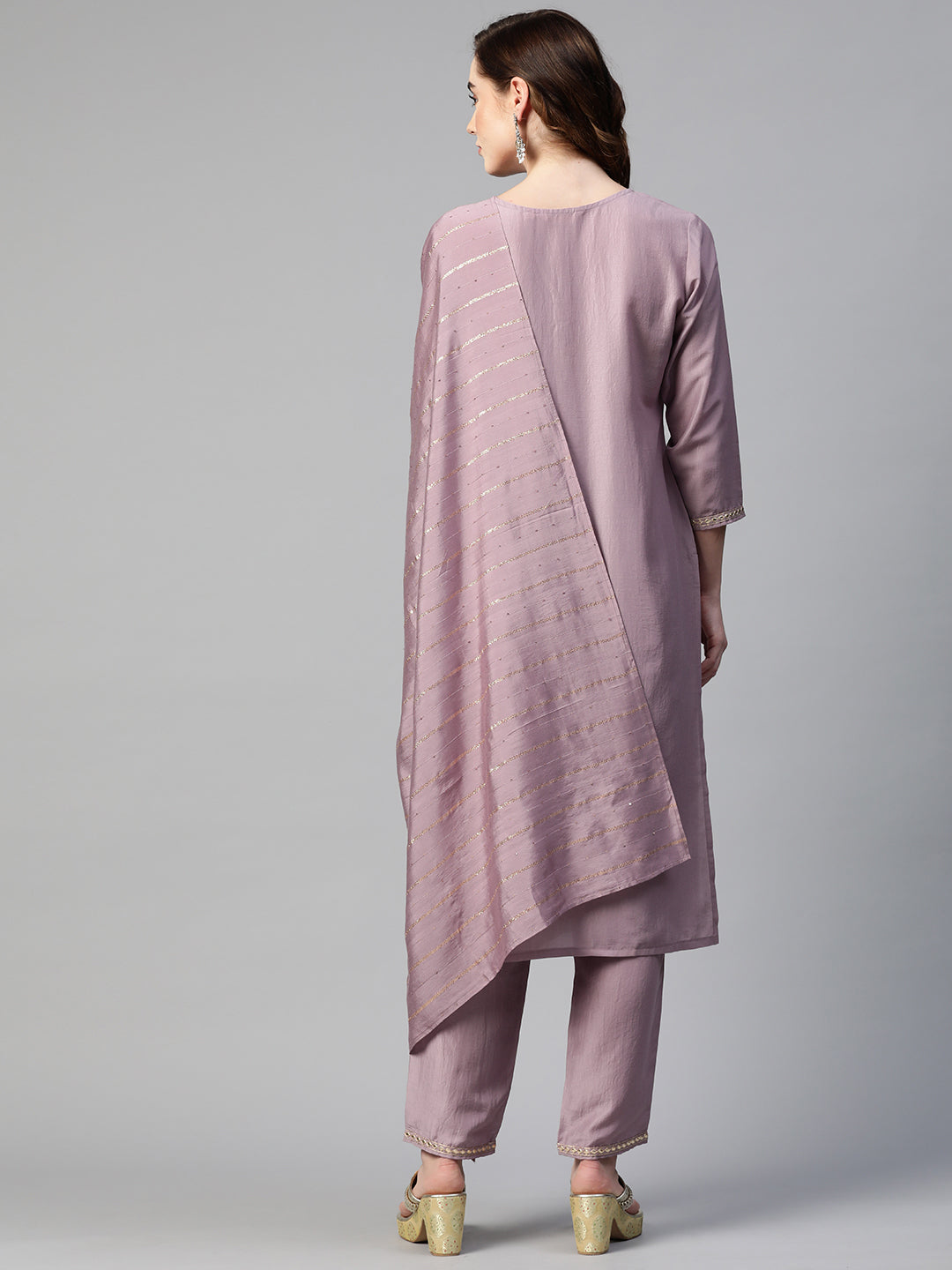 Sunehri Women's Silk Blend Purple Embroidered A-Line Kurta Trouser Dupatta Set