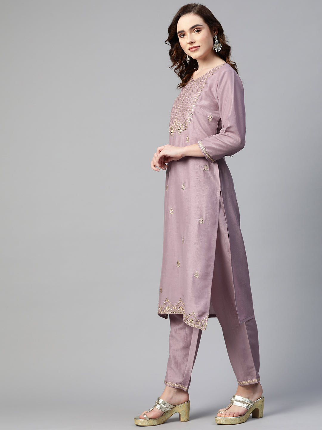 Sunehri Women's Silk Blend Purple Embroidered A-Line Kurta Trouser Dupatta Set