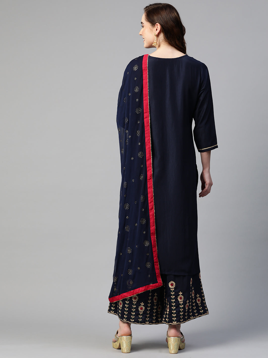 Sunehri Women's Poly Crepe Navy Blue Embroidered A-Line Kurta Palazzo Dupatta Set