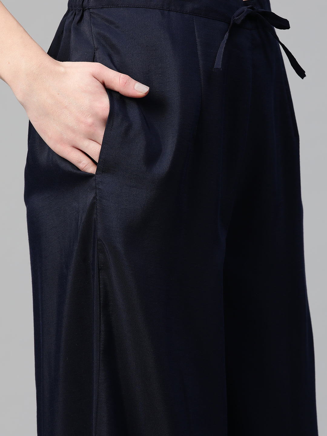 Sunehri Women's Poly Crepe Navy Blue Embroidered A-Line Kurta Palazzo Dupatta Set