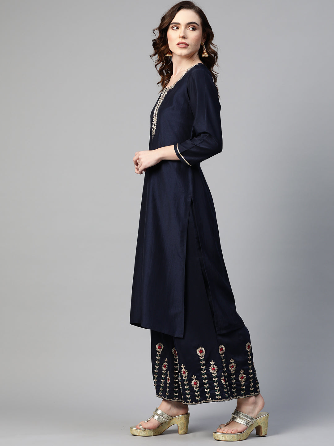 Sunehri Women's Poly Crepe Navy Blue Embroidered A-Line Kurta Palazzo Dupatta Set
