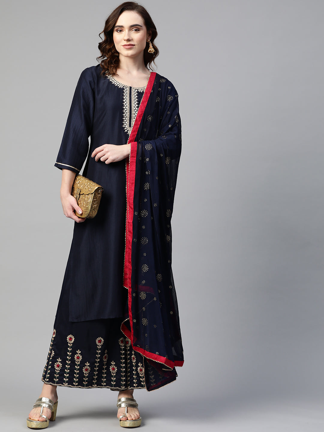 Sunehri Women's Poly Crepe Navy Blue Embroidered A-Line Kurta Palazzo Dupatta Set