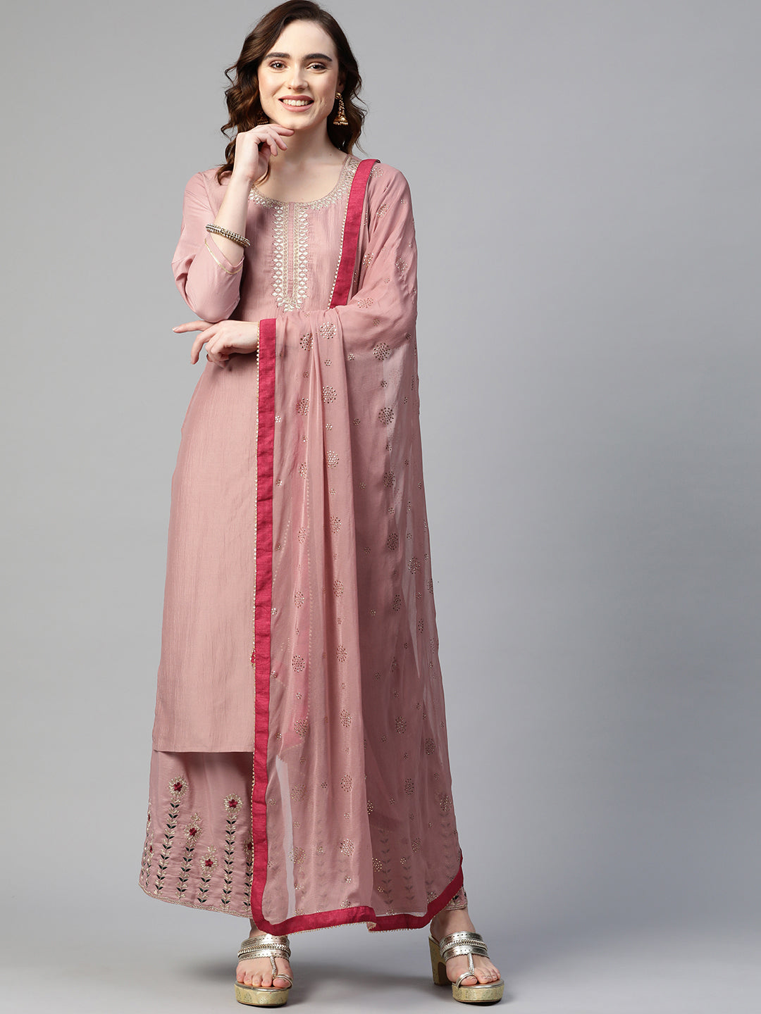 Sunehri Women's Poly Crepe Peach Embroidered A-Line Kurta Palazzo Dupatta Set