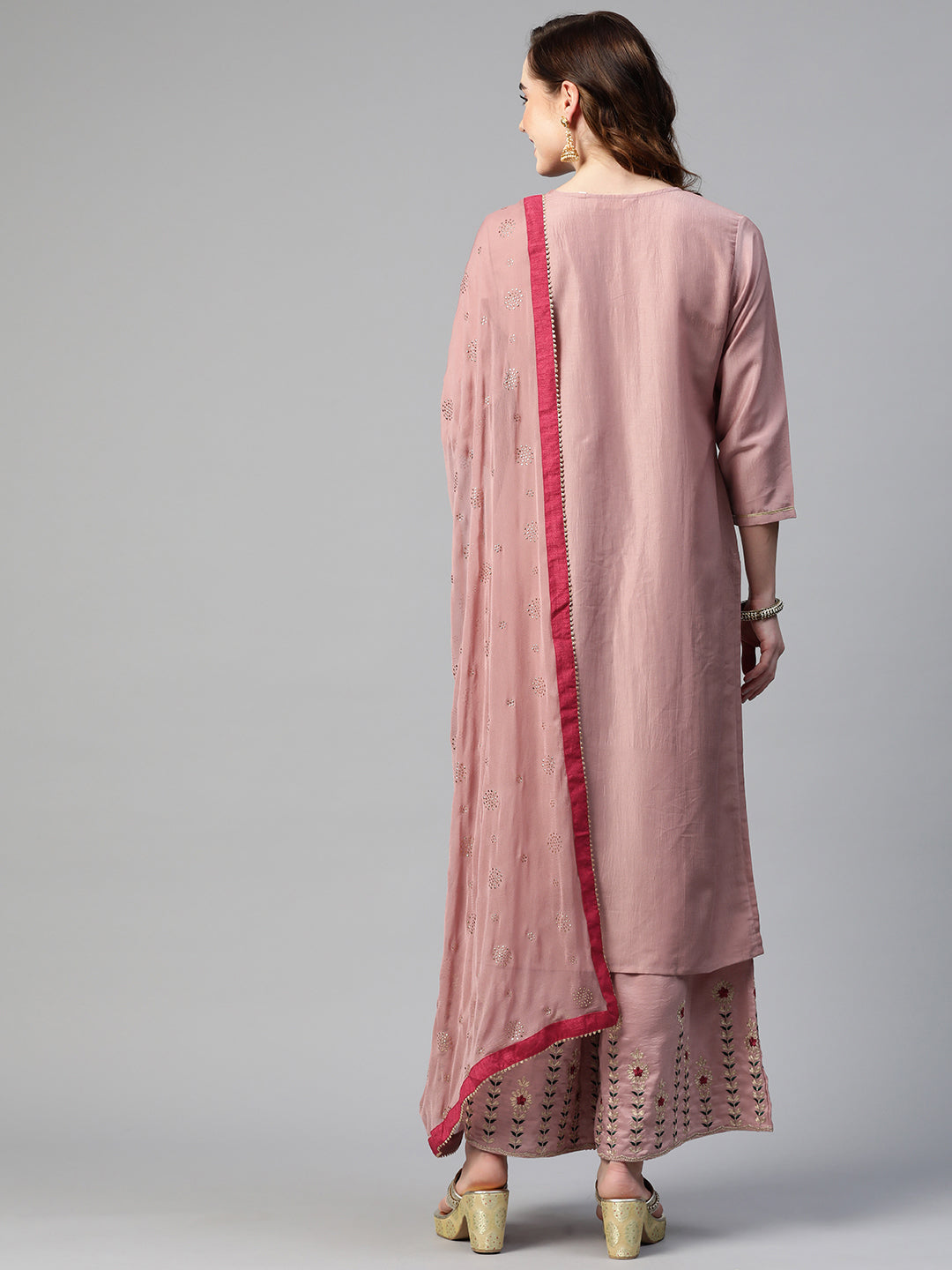 Sunehri Women's Poly Crepe Peach Embroidered A-Line Kurta Palazzo Dupatta Set