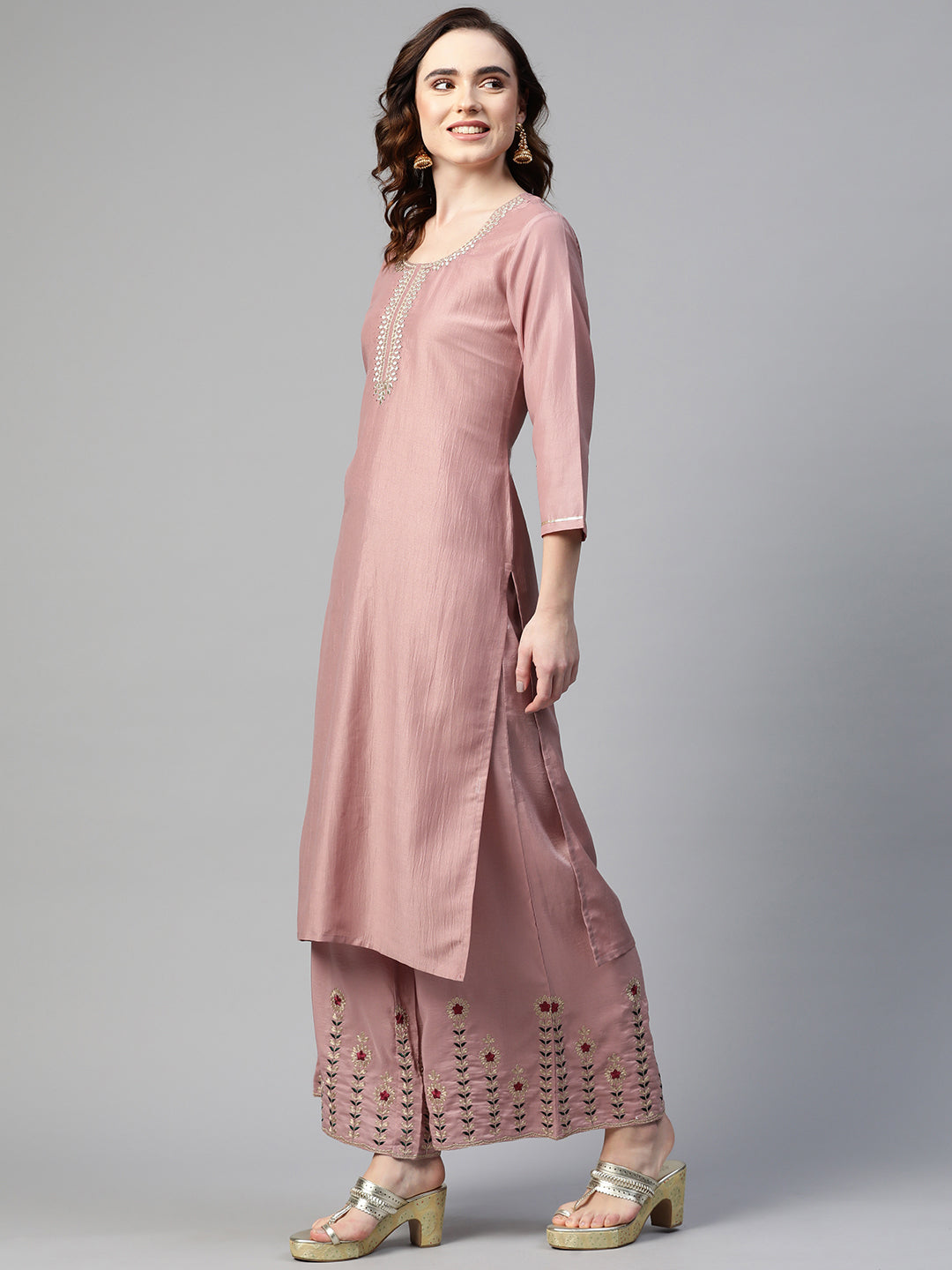 Sunehri Women's Poly Crepe Peach Embroidered A-Line Kurta Palazzo Dupatta Set