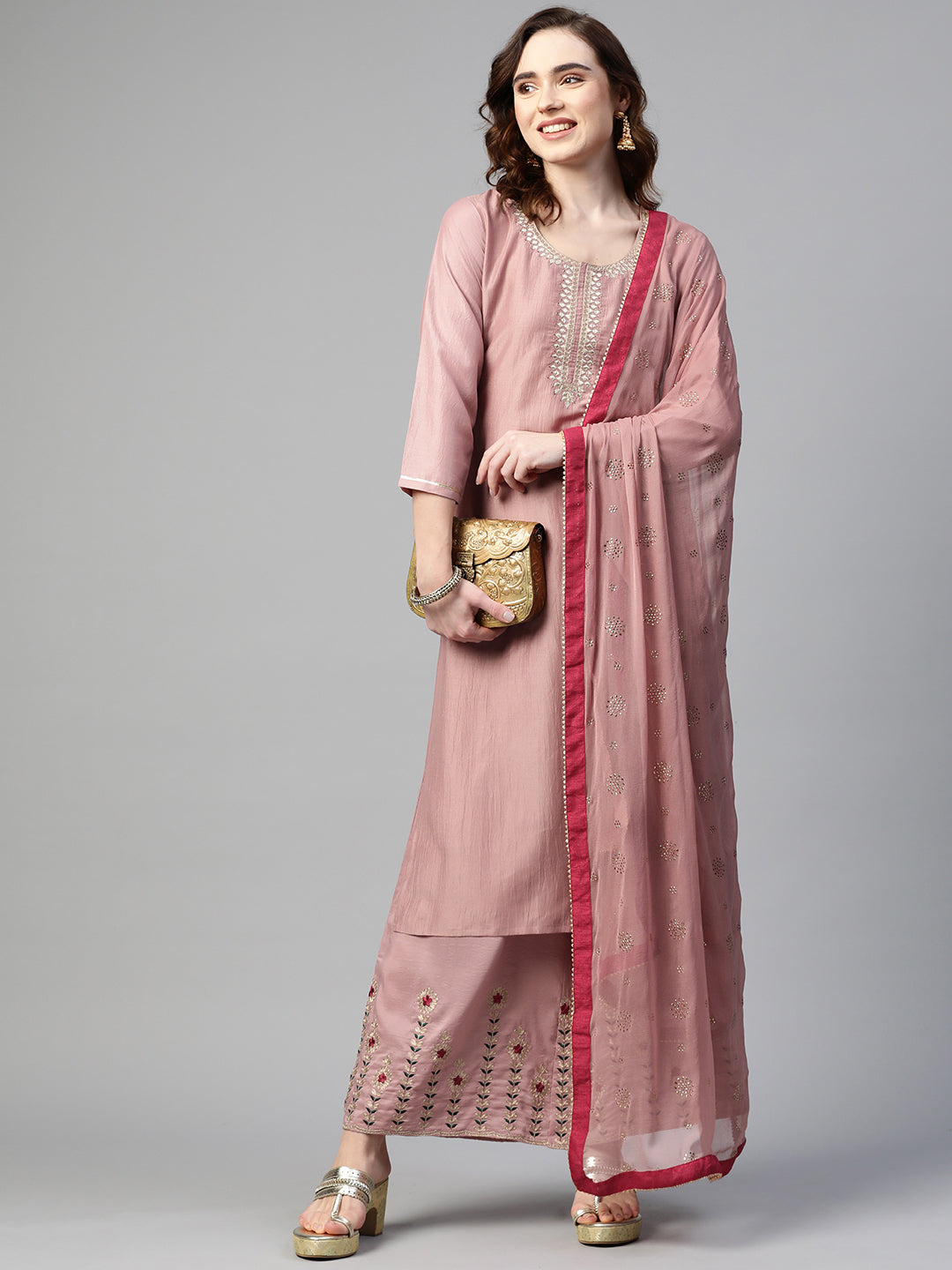 Sunehri Women's Poly Crepe Peach Embroidered A-Line Kurta Palazzo Dupatta Set
